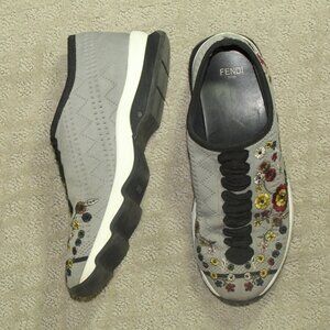Fendi Women's Size 6.5 / 37 Grey Floral Embroidered Knit Fabric Slip On Sneakers